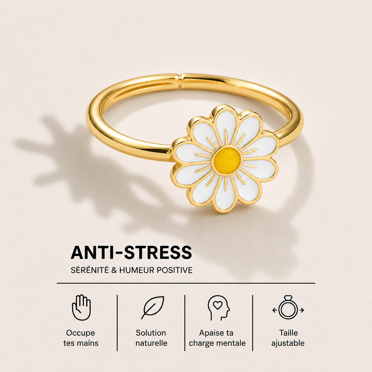 Bague anti-stress rotative ajustable dorée fleur marguerite ajustable – sérénité et concentration – JELLA